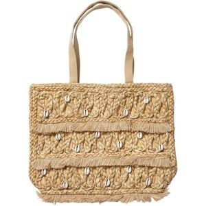 Salt + Umber Jute Tote Bag Tan Cowrie Shell Fringe Straw Beach Summer Handbag